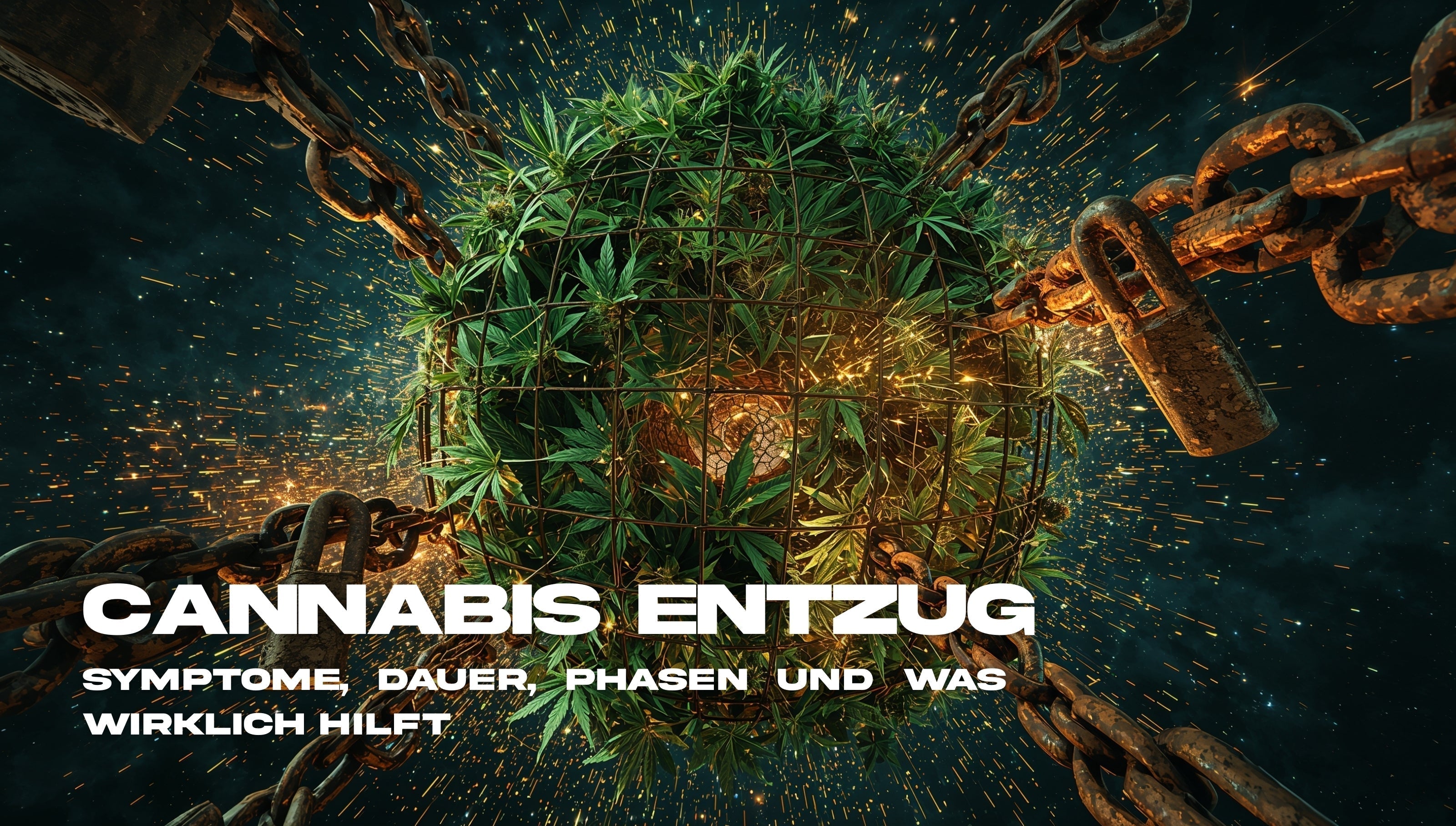 Symbolbild zum Cannabis-Entzug: Eine aus Hanfblättern geformte Kugel im Weltraum, die von rostigen Eisenketten und Schlössern gesprengt wird, während goldene Funken sprühen.