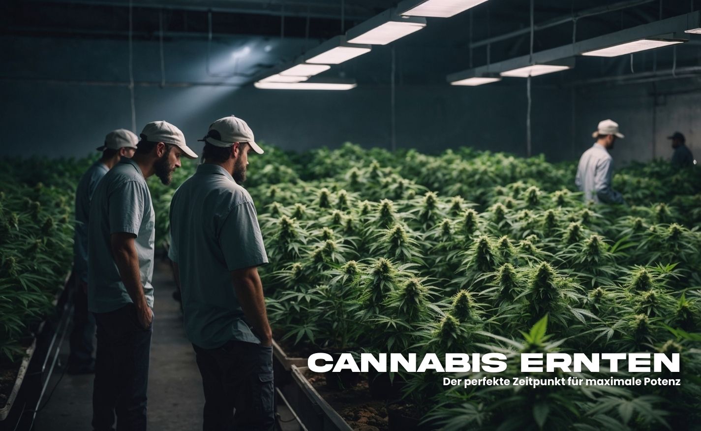 Indoor-Cannabisanlage mit mehreren Personen bei der Inspektion reifer Pflanzen, ideal als visuelle Einleitung für einen Beitrag zum Thema cannabis ernten.