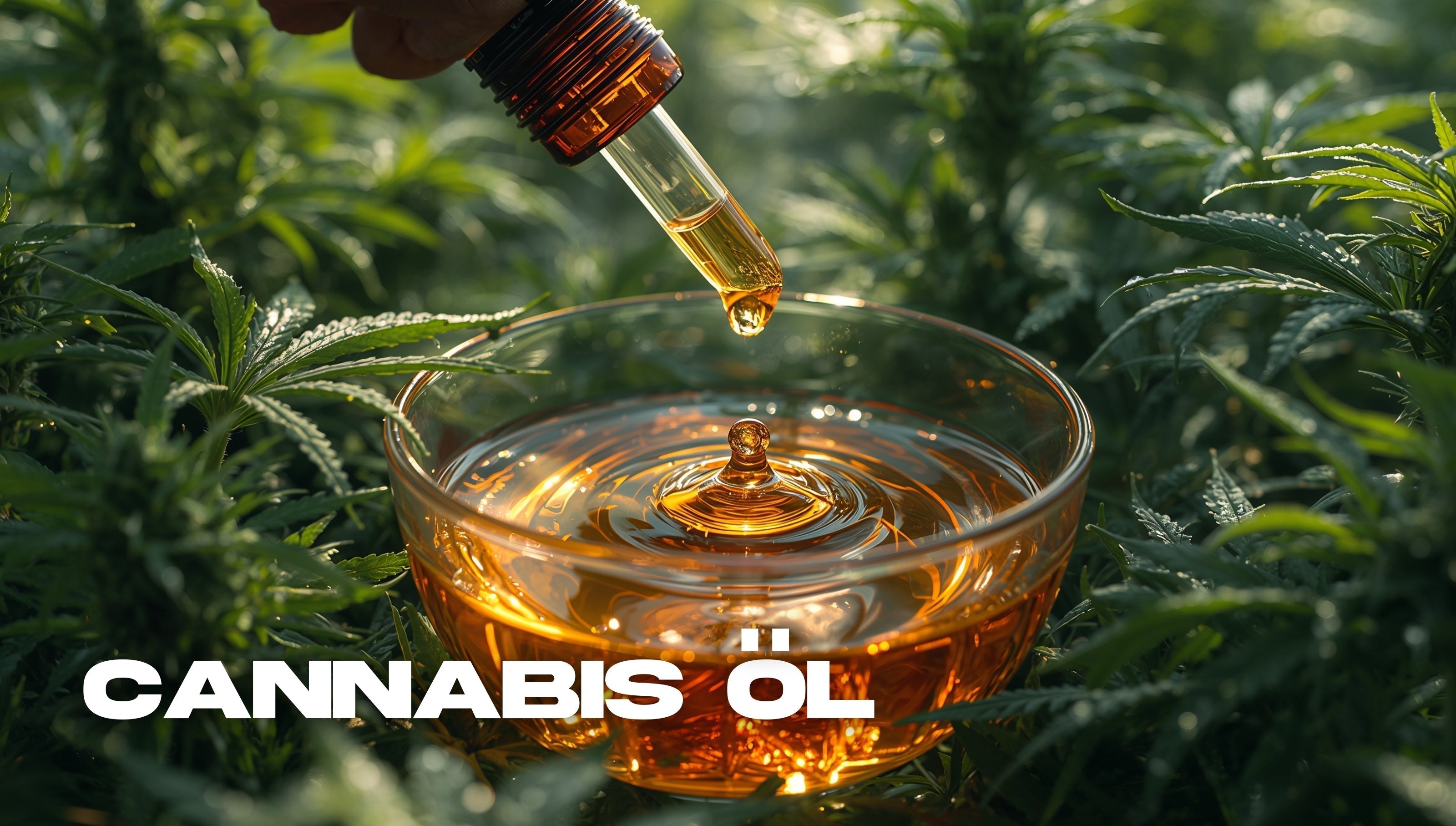 Hochwertiges CBD-Öl wird mit einer Glaspipette in eine Schale geträufelt; realistische Szene inmitten einer grünen Cannabis-Plantage bei natürlichem Sonnenlicht.
