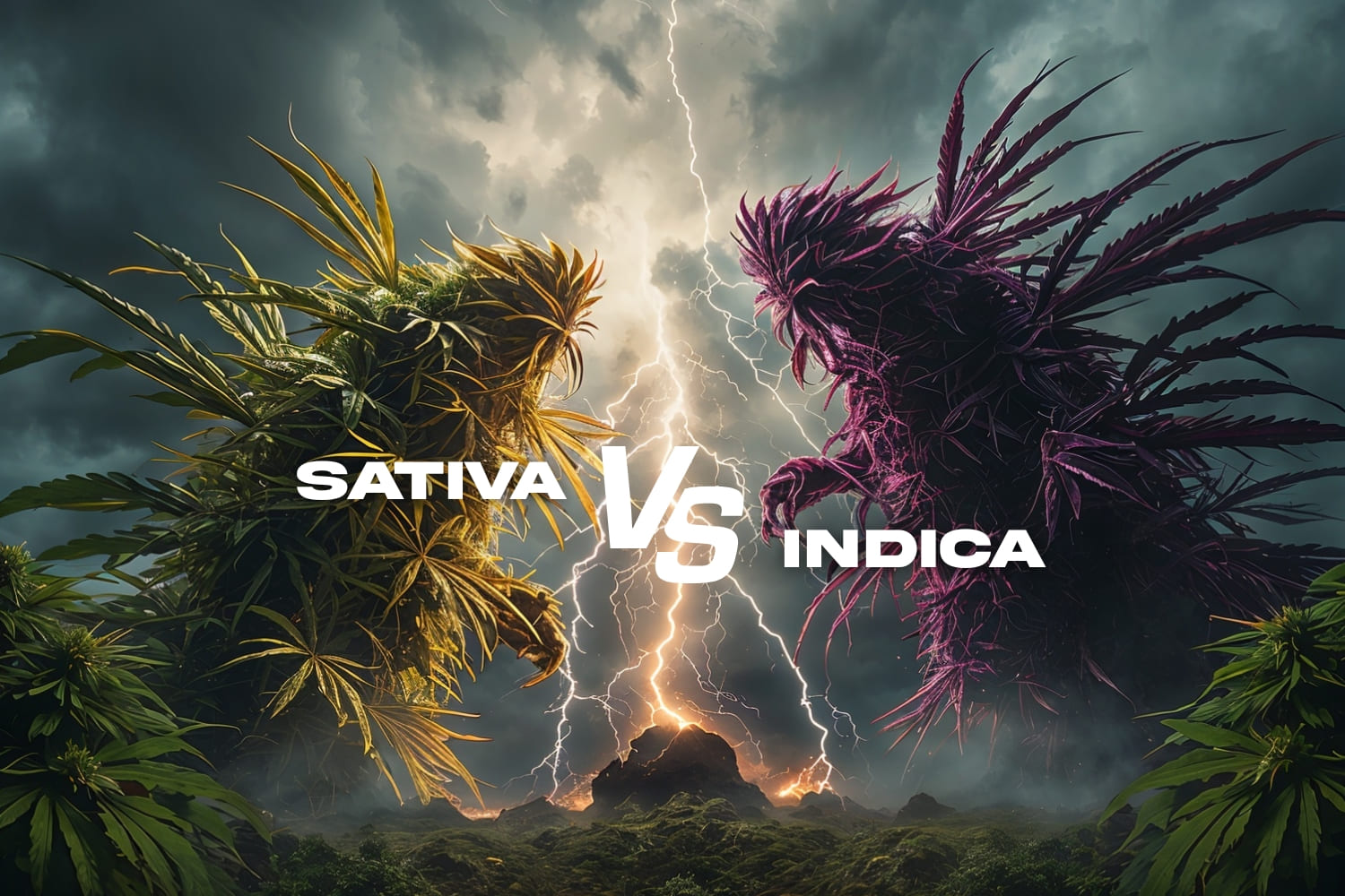 Episches Artwork Cannabis Sativa vs Indica – zwei gigantische Pflanzen im dramatischen Duell mit Blitzen und Sturmhimmel, Symbol für unterschiedliche Cannabis-Wirkungen.