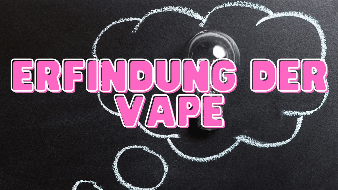 Ein schwarzer Boden auf der eine Glühbirne liegt, die mit einer aufgemalten Gedankenwolke umkreist ist. Die Bildüberschrift ist pink und schreibt: Erfindung der Vape.