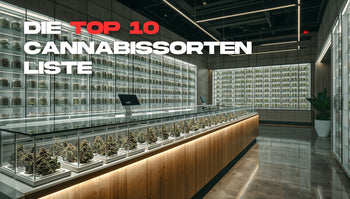 Modernes, minimalistisches Cannabis-Fachgeschäft in Los Angeles mit beleuchteten Glasregalen und einer langen Holztheke, die eine große Auswahl an verschiedenen Cannabissorten in Gläsern präsentiert.