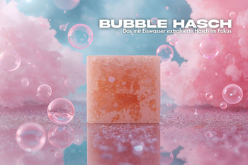 Bubble Hash Block in Nahaufnahme – heller, kristalliner Haschblock mit zarter Textur. Umgeben von schwebenden rosa Bubblegum-Blasen vor einem kühlen blauen Hintergrund. Hochwertige Produktdarstellung mit verspieltem, cleanem Look.