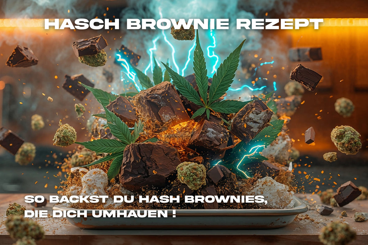 Hasch Brownie Rezept mit Cannabisblättern und Schokoladenstücken in einer Backform – dynamische Szene mit fliegenden Brownies und goldener Energie, Symbol für die intensive Wirkung von Hasch Brownies.