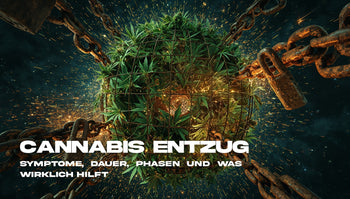 Symbolbild zum Cannabis-Entzug: Eine aus Hanfblättern geformte Kugel im Weltraum, die von rostigen Eisenketten und Schlössern gesprengt wird, während goldene Funken sprühen.