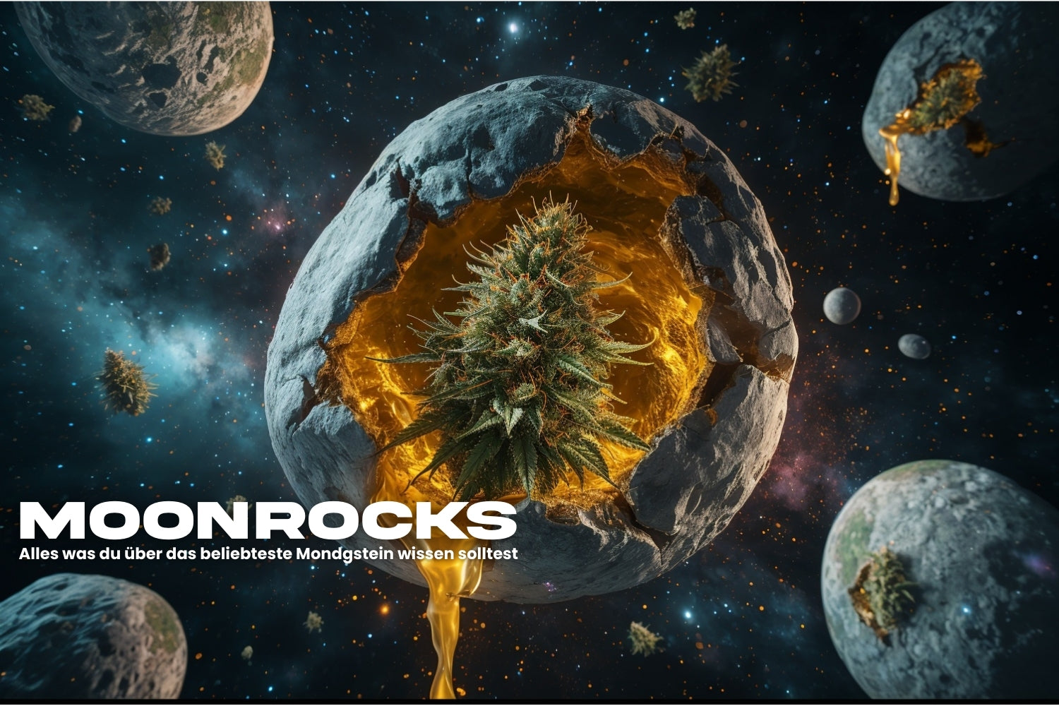 Moonrocks Cannabis – Blüte in Öl und Kief, Darstellung im Weltraum, Symbol für starkes Cannabis mit bis zu 70 % THC und legale CBD-Alternative.