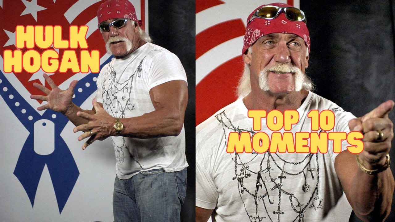 2 geteilte Bilder mit Hulk Hogan wie er heute aussieht. Die Bildüberschrift auf dem Bild links schreibt: " Hulk Hogan". Die Bildüberschrift rechts schreibt: Top 10 Moments. 
