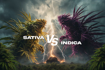 Episches Artwork Cannabis Sativa vs Indica – zwei gigantische Pflanzen im dramatischen Duell mit Blitzen und Sturmhimmel, Symbol für unterschiedliche Cannabis-Wirkungen.