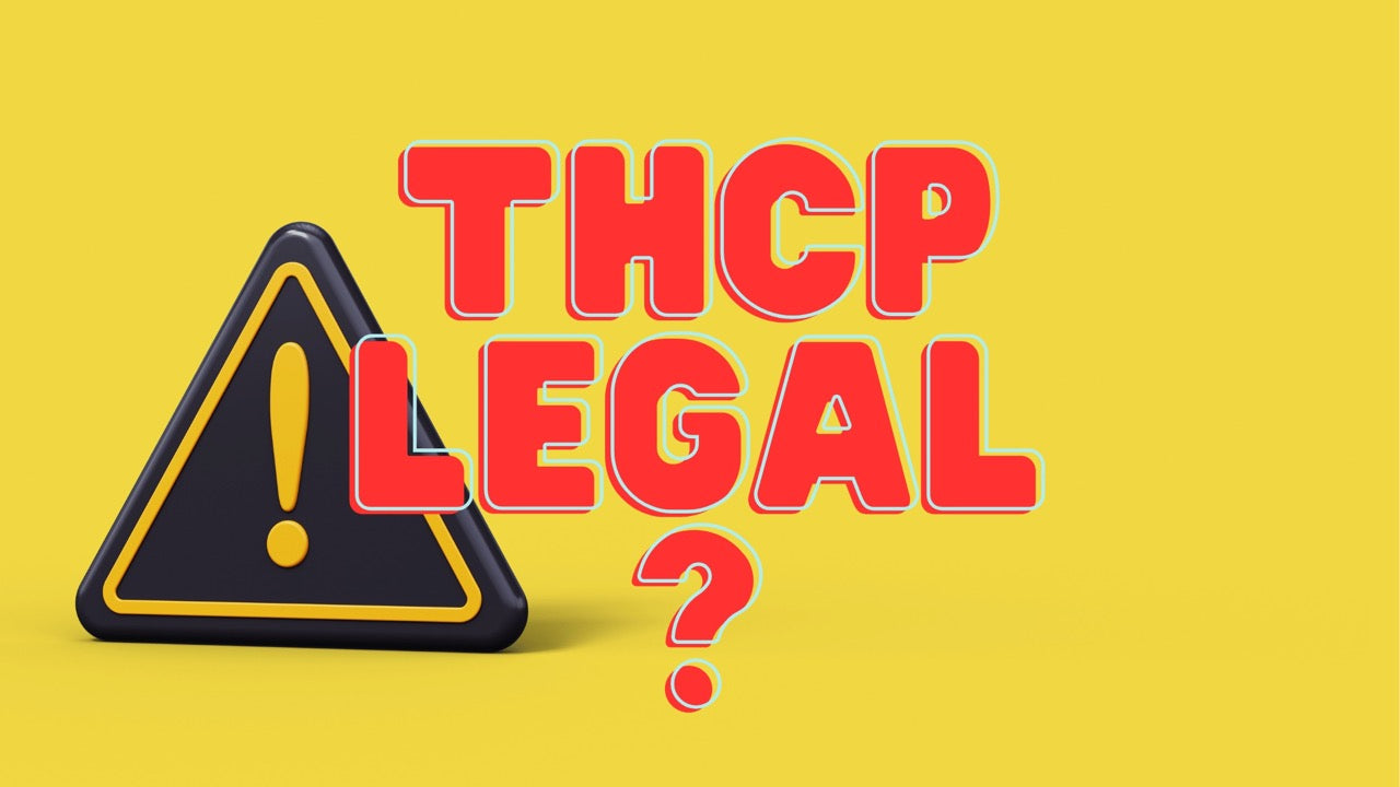 Grell gelbes Bild mit schwarzem Warndreieck und der roten "Bildaufschrift THCP legal ?". 