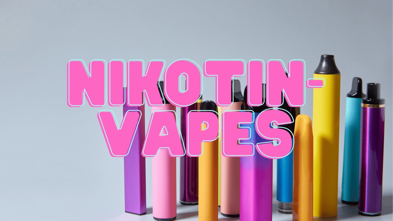 Eine bunte Kollektion von Nikotin-Vapes, mit der Bildüberschrift "Nikotin-Vapes" in Pink.