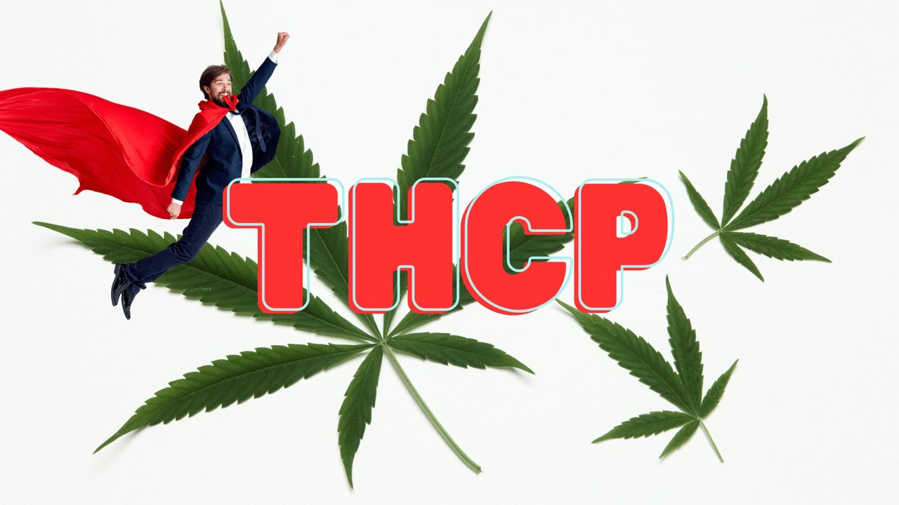 Im Hintergrund sind 3 Cannabis-Blätter. Links oben ein, als Superman verkleideter, fliegender Buissnessman und in der Mitte, in rot, die Bildaufschrift "THCP"