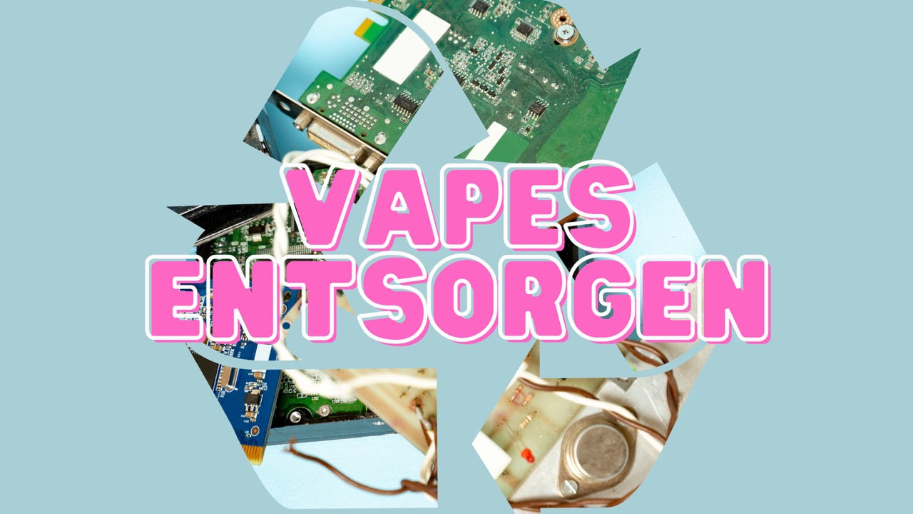 Universelles recycling symbol aus Elektroschrott auf hellblauem Hintergrund. Bildüberschrift ist Pink und schreibt: Vapes entsorgen 