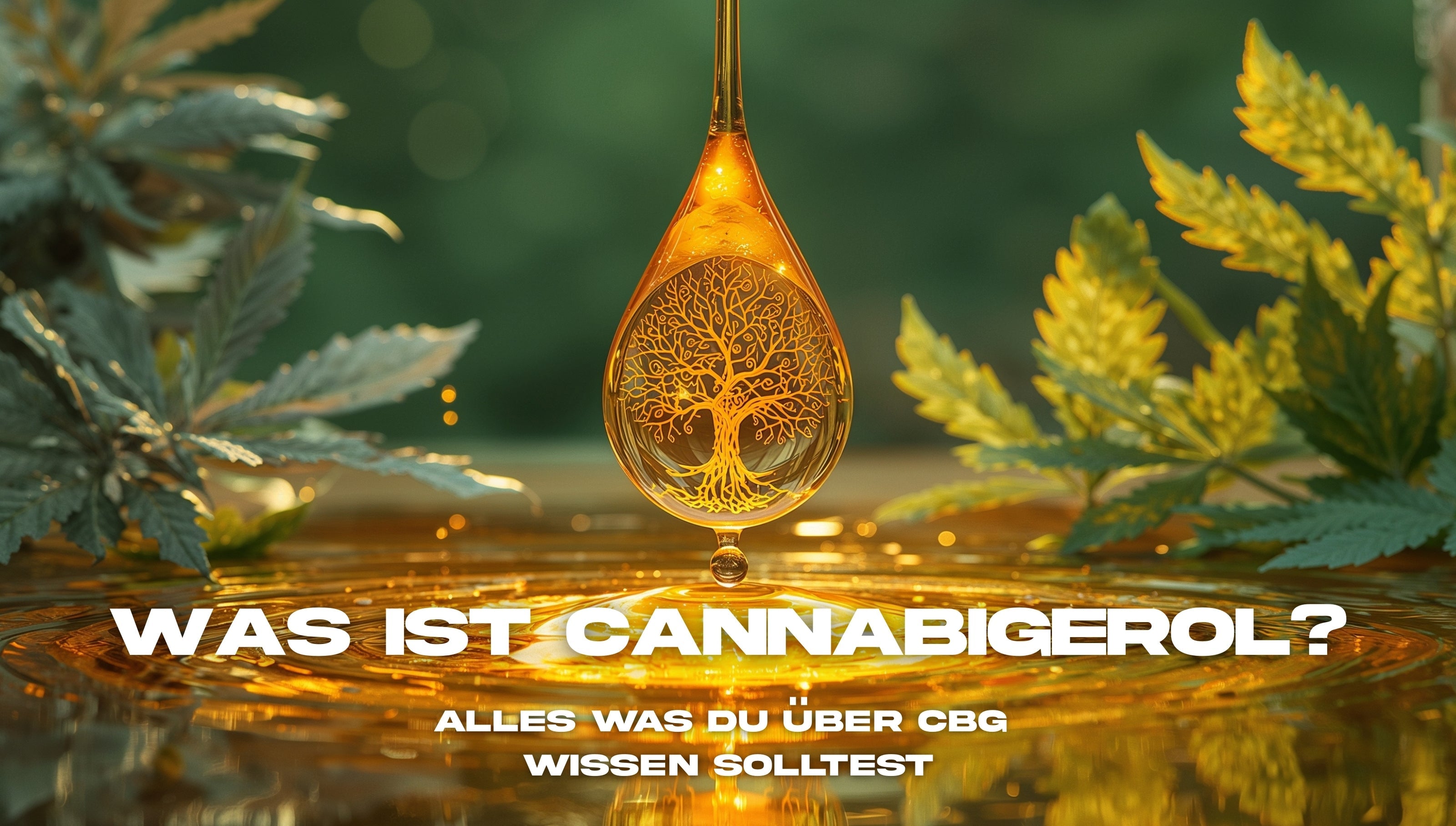 Nahaufnahme eines goldenen CBG-Öl-Tropfens mit einem eingravierten Lebensbaum-Symbol, der in eine goldene Flüssigkeit fällt; im Hintergrund grüne Cannabispflanzen in einer Plantage.